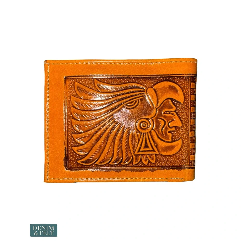 NEW Handcrafted Western Tooled Leather Aztec Calendar Bifold Wallet Southwest